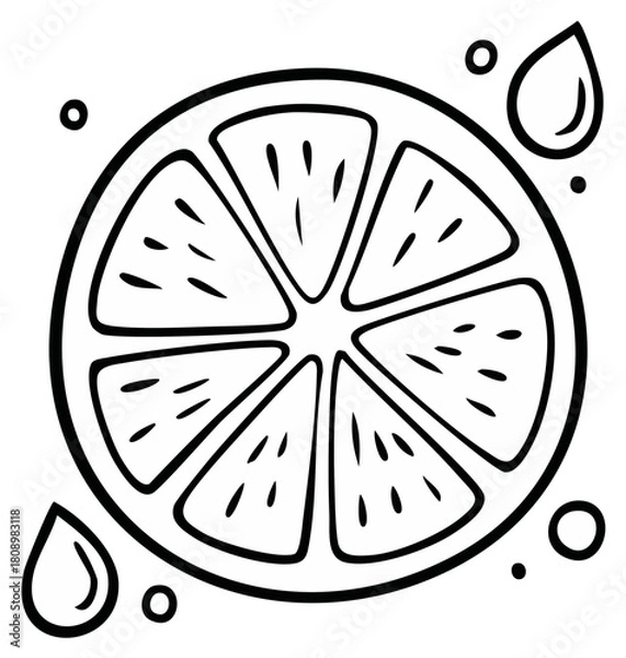 Fototapeta Stylized Citrus Fruit Illustration with Droplets of Juice, Outline Graphic of a Sliced Orange, Lemon, or Lime with Seeds and Water