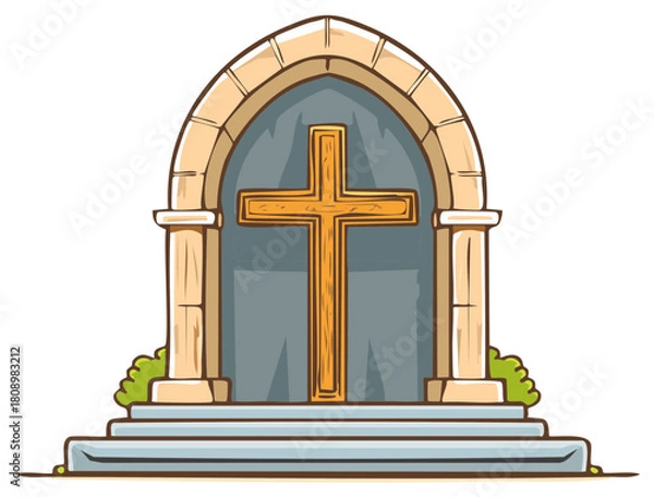 Fototapeta Religious wooden cross symbol set in a stone archway of a church cartoon illustration