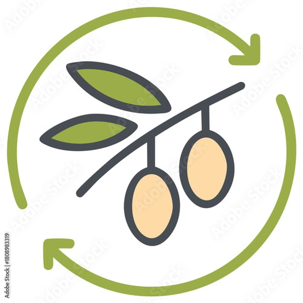 Fototapeta Line art drawing of a olive branch with olive fruits and circle arrows symbolizing recycle, reuse and sustainability