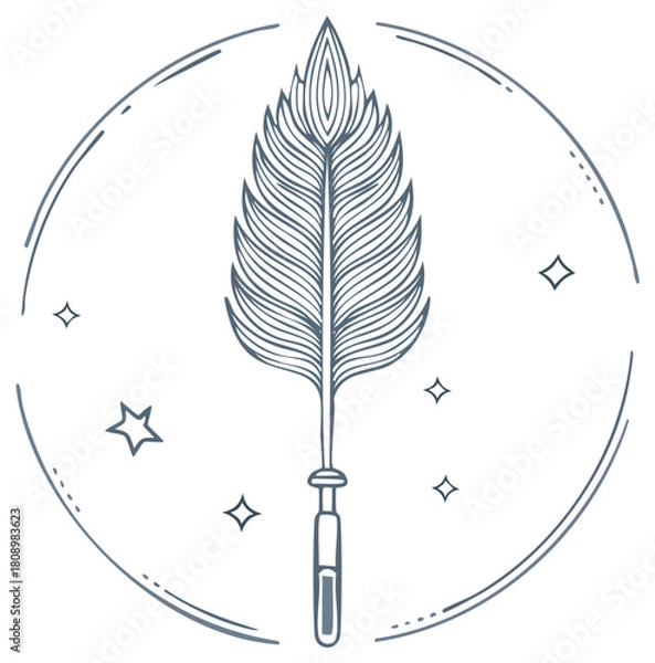 Fototapeta Elegant feathered pen within circular emblem surrounded by stars for writing dreams and fantasy