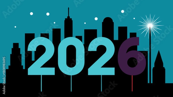 Fototapeta Happy new year 2026 celebration city skyline vector graphic design template download |editable svg