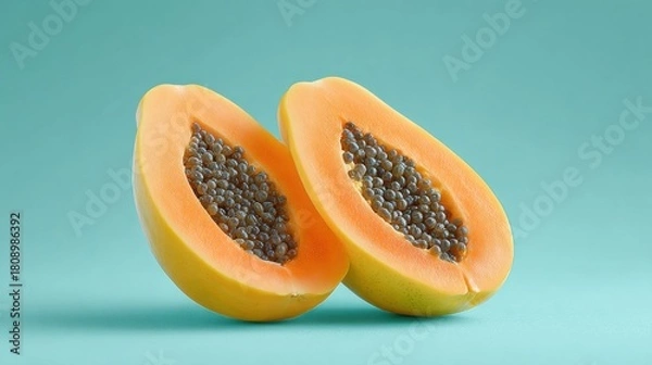 Obraz Two pieces of orange fruit with a green background