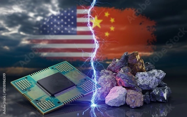 Fototapeta US-China Tech and Mineral Showdown – silicon chip, rare earth minerals, technological rivalry
