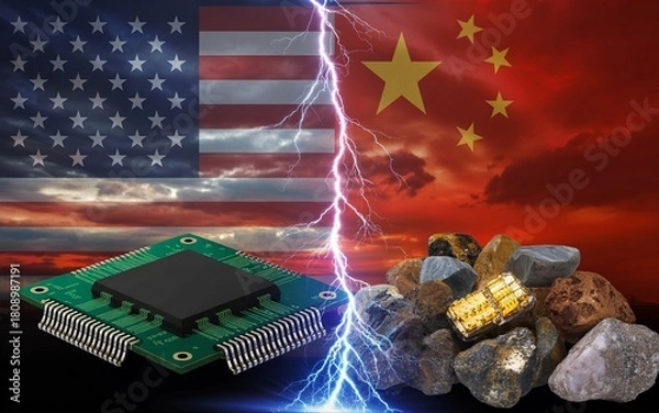 Fototapeta US-China Tech and Mineral Showdown – silicon chip, rare earth minerals, technological rivalry