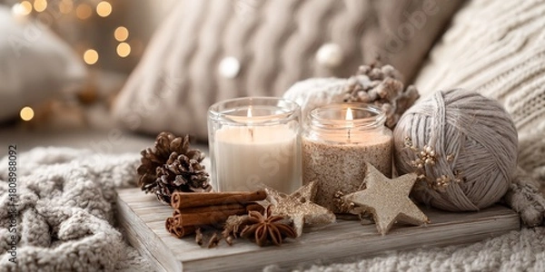 Fototapeta Wooden tray with candles and cinnamon sticks on it