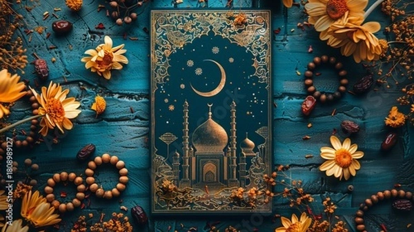 Obraz A Celebration of Ramadan Kareem Artistic Still Life with Islamic Art, Dates, Flowers, and Prayer Beads