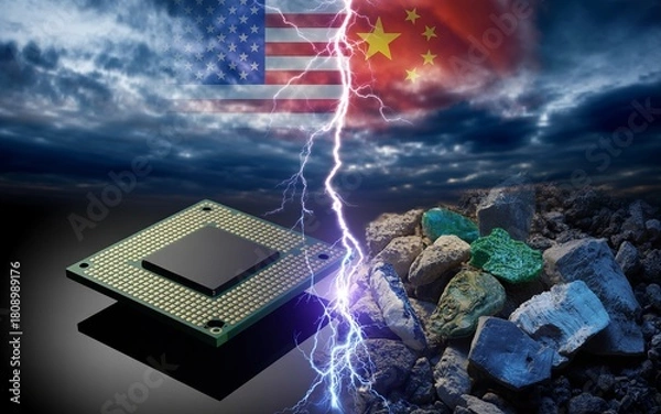 Fototapeta US-China Tech and Mineral Showdown – silicon chip, rare earth minerals, technological rivalry
