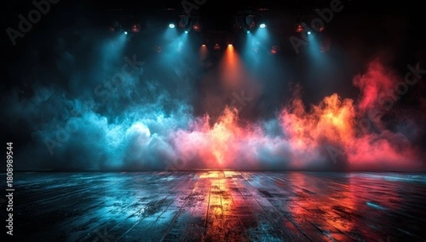 Obraz Dramatic Stage with Blue and Red Lighting Reflecting on the Wet Wooden Floor Creating a Dynamic Ambiance