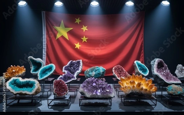 Fototapeta Chinese Flag with Rare Earth and Precious Mineral Specimens – Amethyst, Neodymium, Dysprosium, Yttrium, Lanthanum, Cerium Geodes and Crystals Display