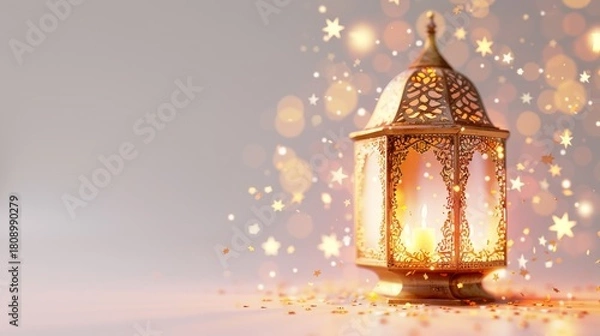 Fototapeta Golden Ramadan Lantern with Bokeh Lights A Festive Scene of Illumination and Celebration