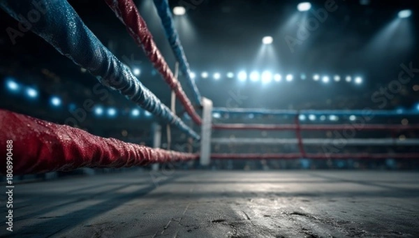 Obraz Intense Boxing Ring Atmosphere Awaits Fierce Competition Red and Blue Ropes Lead to the Center of Action