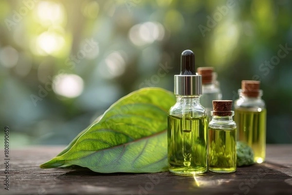 Fototapeta Natural Wellness Elixir Essential Oils in Glass Bottles Adorned by Green Leaf Evoking Serenity and Organic Beauty