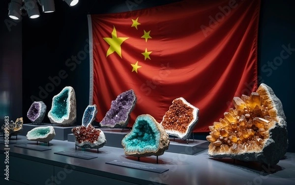 Fototapeta Chinese Flag with Rare Earth and Precious Mineral Specimens – Amethyst, Neodymium, Dysprosium, Yttrium, Lanthanum, Cerium Geodes and Crystals Display
