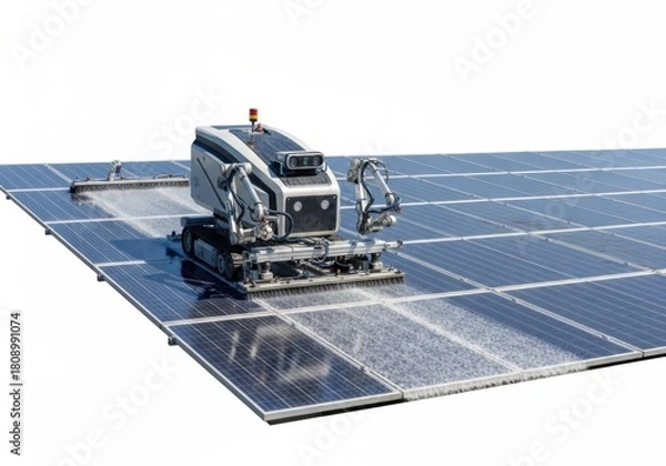 Obraz Automated solar panel cleaning robot on array isolated on white background