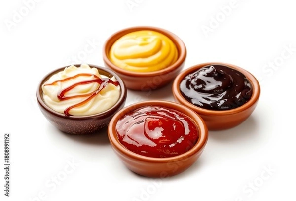 Fototapeta Close-up view of four colorful sauces in small ceramic bowls, showcasing varied textures and flavors for cooking, dipping, and recipe inspiration.