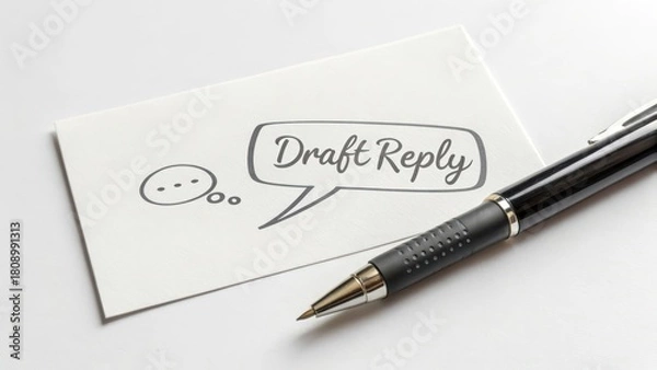 Fototapeta Pen resting on a card with Draft Reply in a chat bubble