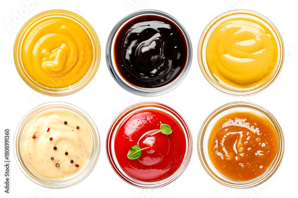 Fototapeta Six vibrant sauces prepared with herbs, chili flakes, soy, and fresh greens, arranged in white bowls for culinary themes and cooking visuals..