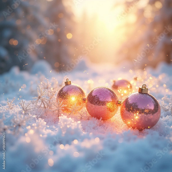 Obraz red christmas ball on snow shine in sunlight