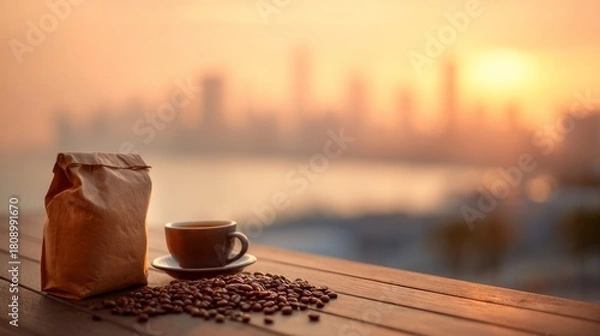 Obraz Serene Morning Coffee Scene Featuring Fresh Beans, Rustic Bag, and a Mug with a Blurry Skyline Backdrop