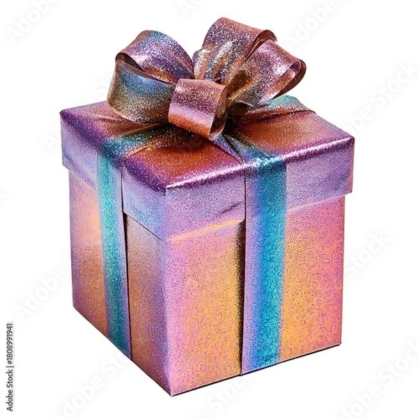 Fototapeta Wrapped giftbox with glittering paper and ribbon isolated on white background