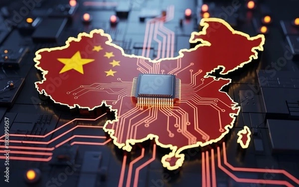 Fototapeta China Tech Sovereignty – Integrated Circuit Chip on Chinese Map, digital network, rare earth input