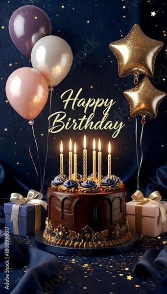 Obraz Birthday greeting featuring a decorated chocolate cake with candle lights adorned with giftboxes and metallic balloons and "Happy Birthday" text against navy blue background