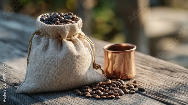 Fototapeta Rustic Coffee Still Life Burlap Sack Full of Beans Alongside Copper Mug on Weathered Wood Surface