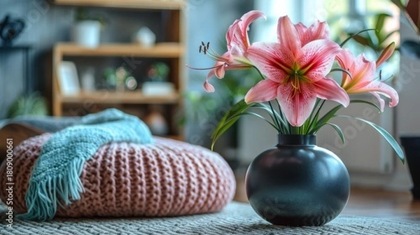 Obraz Pink Lilies in Dark Vase on Rug with Knitted Ottoman and Throw for Relaxing Cozy Interior Design