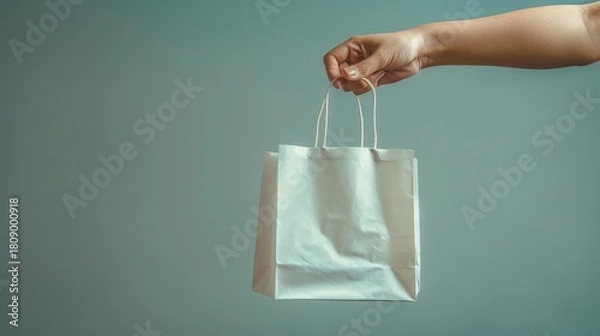 Fototapeta Elegant White Paper Bag Delivery Aesthetic Presentation Featuring a Hand Holding the Bag Against a Muted Background