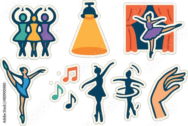 Fototapeta Colorful dance and ballet stickers with musical and theater elements