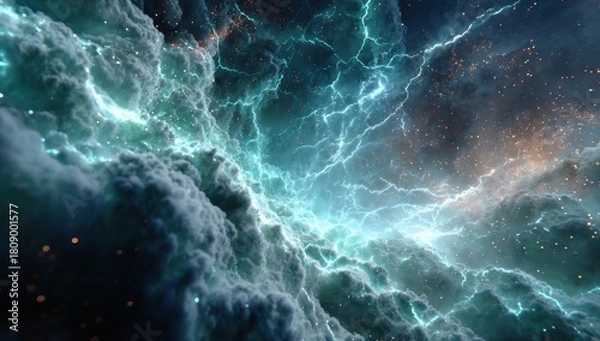 Fototapeta Celestial Symphony A Mesmerizing Display of Electric Blue Lightning Illuminating a Turbulent Nebula Sky Canvas of cosmic Wonders