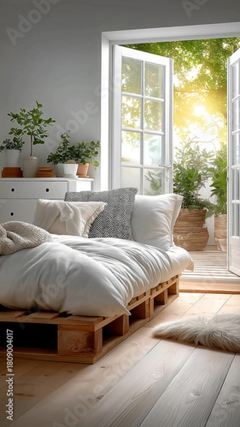 Fototapeta Cozy bedroom with wooden pallet bed, white bedding, and fluffy rug opens to sunlit balcony with potted plants. serene atmosphere is enhanced by gray painted walls and natural light