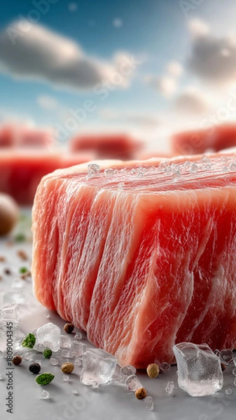 Fototapeta Close up of raw meat with ice cubes and peppercorns on reflective surface under blue sky, creating fresh and appetizing look