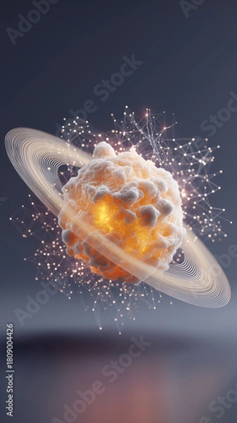 Fototapeta Glowing, abstract digital sphere with interconnected nodes and rings, resembling futuristic sci fi concept, floats against dark background, evoking sense of wonder