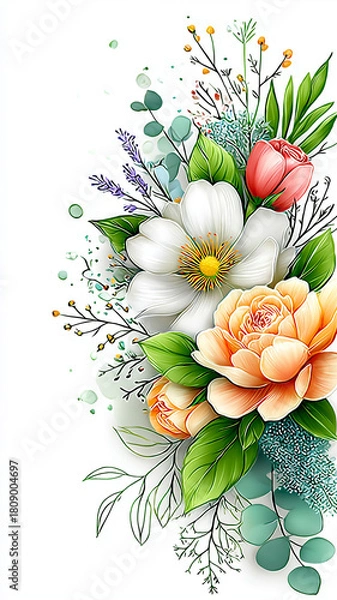 Fototapeta Vibrant floral arrangement featuring hand painted flowers soft pastel colors, including roses and daisies, with lush green leaves and delicate branches. watercolor style adds gentle, artistic