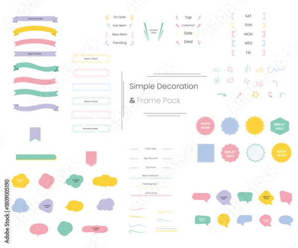 Obraz Set of Simple Decorative Illustrations, Frames, Speech Bubbles, Ribbons, Backgrounds and Design Elements