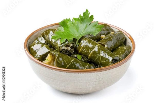 Fototapeta Sarma, Weintraubenblätter mit Reis-Füllung, auch Dolmades oder Dolma, freigestellt vor weissem Hintergrund, Generative AI