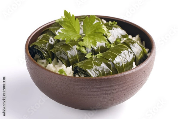 Fototapeta Sarma, Weintraubenblätter mit Reis-Füllung, auch Dolmades oder Dolma, freigestellt vor weissem Hintergrund, Generative AI