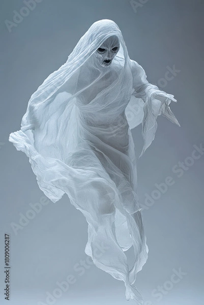 Fototapeta Spuk, Gespenst in durchsichtigen Tüchern schwebt durch die Luft, freigestellt vor neutralem Hintergrund, Generative AI