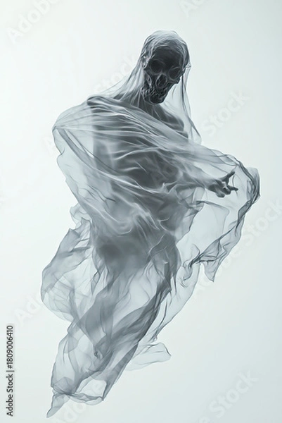 Fototapeta Spuk, Gespenst in durchsichtigen Tüchern schwebt durch die Luft, freigestellt vor neutralem Hintergrund, Generative AI
