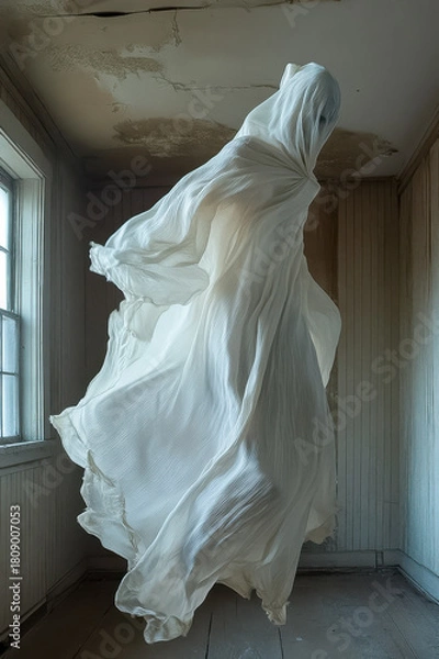 Fototapeta Spuk, Gespenst in durchsichtigen Tüchern schwebt in einem alten Haus durch die Luft, Generative KI