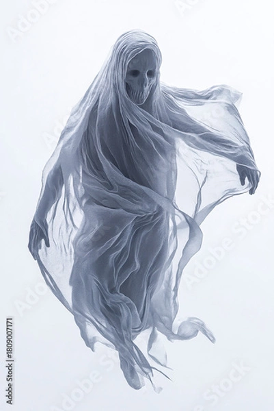 Fototapeta Spuk, Gespenst in durchsichtigen Tüchern schwebt durch die Luft, freigestellt vor weissem Hintergrund, Generative AI