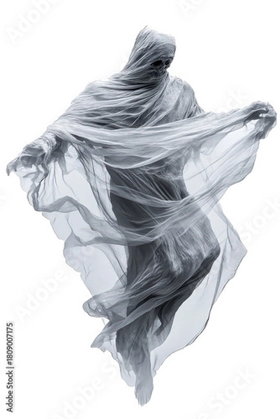 Fototapeta Spuk, Gespenst in durchsichtigen Tüchern schwebt durch die Luft, freigestellt vor weissem Hintergrund, Generative AI