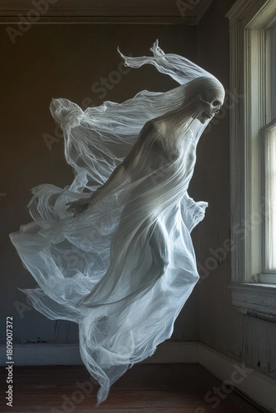 Fototapeta Spuk, Gespenst in durchsichtigen Tüchern schwebt in einem alten Haus durch die Luft, Generative KI