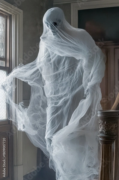 Fototapeta Spuk, Gespenst in durchsichtigen Tüchern schwebt in einem alten Haus durch die Luft, Generative KI