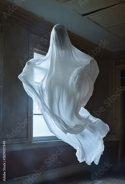 Fototapeta Spuk, Gespenst in durchsichtigen Tüchern schwebt in einem alten Haus durch die Luft, Generative KI