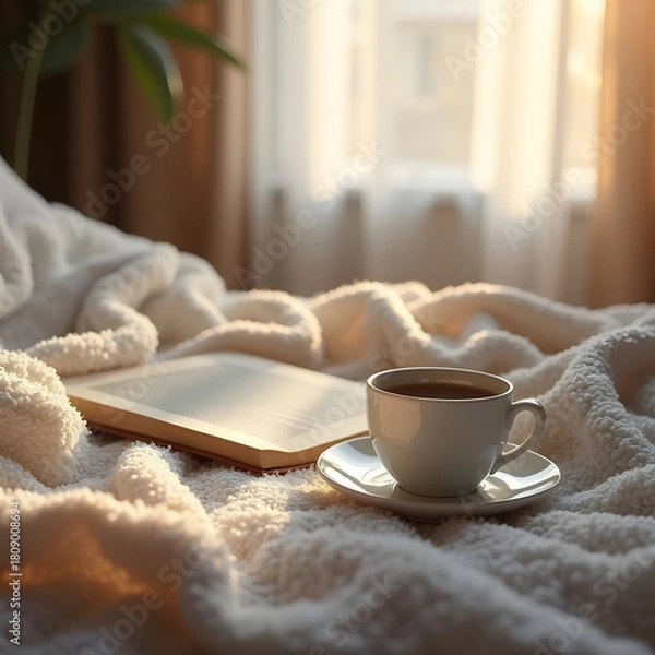 Fototapeta A steaming mug of coffee rests beside an open book on a soft white blanket in gentle morning light. 