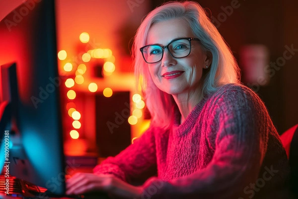 Fototapeta Eine glückliche, 60-jährige Frau sitzt an ihrem Computer und blickt direkt in die Kamera. Rote Beleuchtung, Generative KI