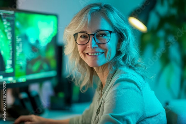 Obraz Eine glückliche, 60-jährige Frau sitzt an ihrem Computer und blickt direkt in die Kamera, grüne Beleuchtung, Generative KI