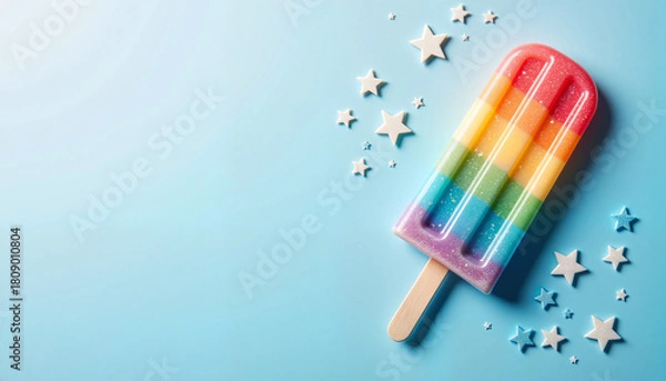 Fototapeta Colorful rainbow popsicle with stars on light blue, with space for text